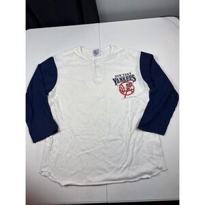 Vtg 1988 New York Yankees Henley Shirt Garan Navy White Mens Large 3/4 Sleeve